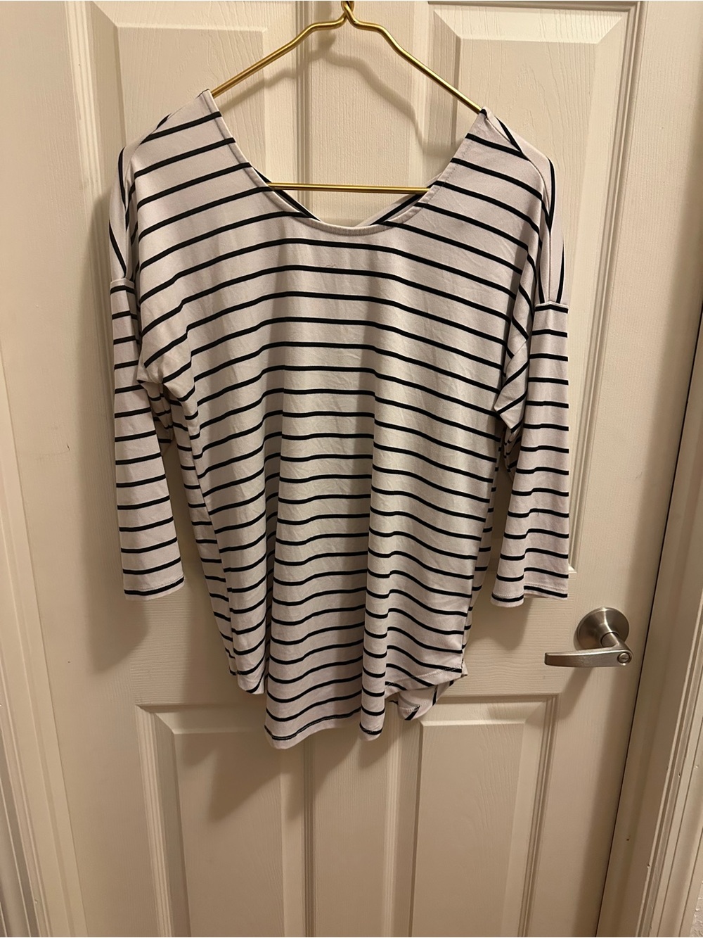 bobeau White and Black Striped Boatneck Long Sleeve Top